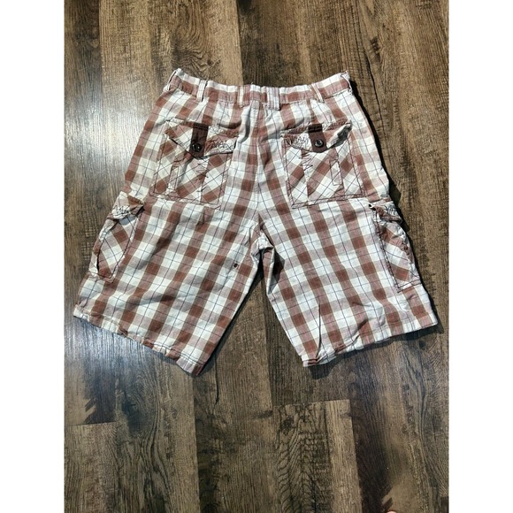 Koman Cargo Shorts Mens 32 White Brown‎ Plaid Utility Pockets Casual Flat Front - Picture 2 of 16